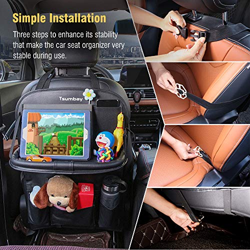 Organizador para Coche, Tsumbay Protector de Asiento para Coche Kick Mats con Comedor Poseedor Bandeja, Multi-Bolsillo de Almacenamiento de Coche Bebe para iPad Tablet Botella Bebida Juguetes