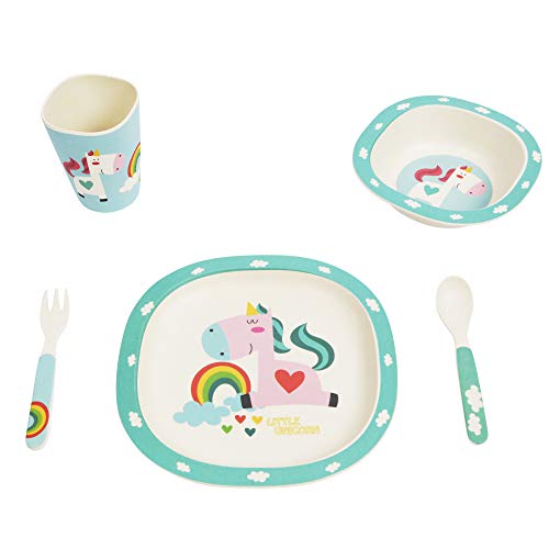 ORNAMI Set Vajilla de bambú para niños, 5 Piezas, diseño de Unicornio - El Set Incluye un Plato, Cubiertos, un tazón y un Vaso - Respetuoso con el Medio Ambiente, sin BPA y Apto para lavavajillas