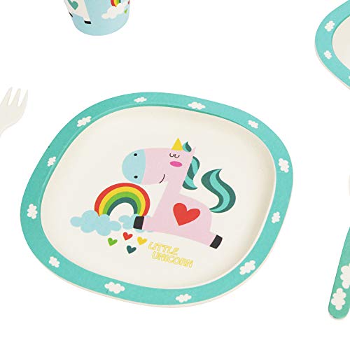 ORNAMI Set Vajilla de bambú para niños, 5 Piezas, diseño de Unicornio - El Set Incluye un Plato, Cubiertos, un tazón y un Vaso - Respetuoso con el Medio Ambiente, sin BPA y Apto para lavavajillas