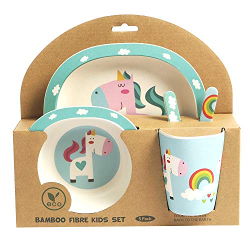 ORNAMI Set Vajilla de bambú para niños, 5 Piezas, diseño de Unicornio - El Set Incluye un Plato, Cubiertos, un tazón y un Vaso - Respetuoso con el Medio Ambiente, sin BPA y Apto para lavavajillas