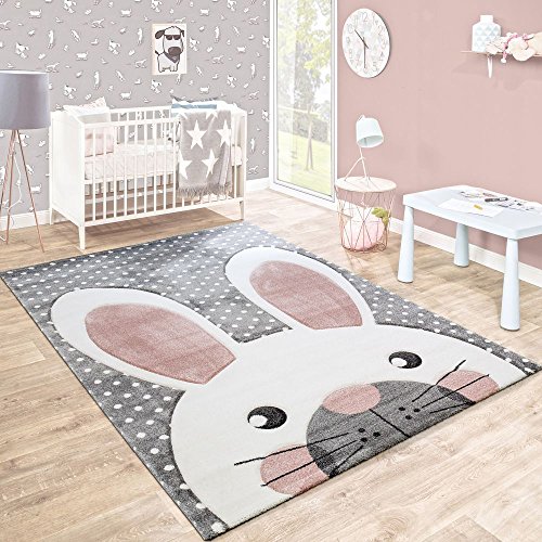 Paco Home Alfombra Infantil Habitación Infantil Contorneado Liebre Adorable Gris Crema Rosa, tamaño:80x150 cm