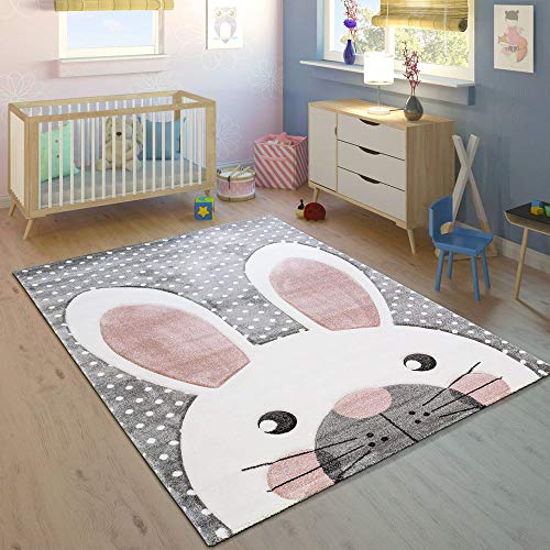 Paco Home Alfombra Infantil Habitación Infantil Contorneado Liebre Adorable Gris Crema Rosa, tamaño:80x150 cm