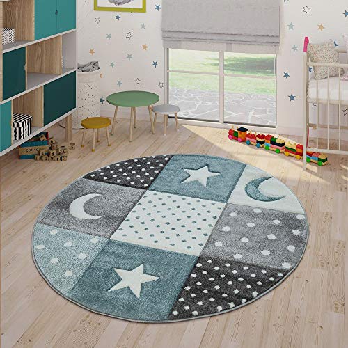 Paco Home Alfombra Infantil Pastel Cuadros Puntos Corazones Estrellas Blanco Gris Azul, tamaño:Ø 120 cm Redondo