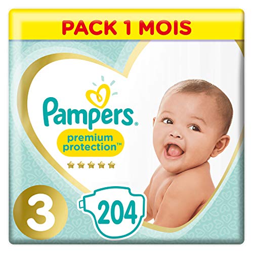 Pampers - Protección Premium - Pañales Talla 3, 6-10 kg, Paquete de 1 mes (x204 pañales)