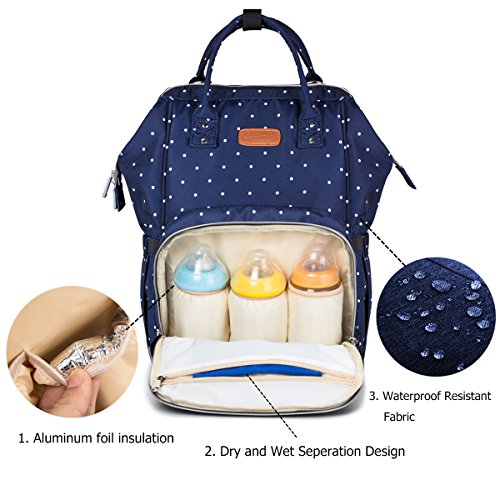 Pañal Bolso Mochila, DINOKA Gran Capacidad Mochila de Pañales Bolso de Viaje, Impermeable Bolsa de Pañales con Aislado Bolsillos para Cuidado de Bebé y Mamá-bluedot