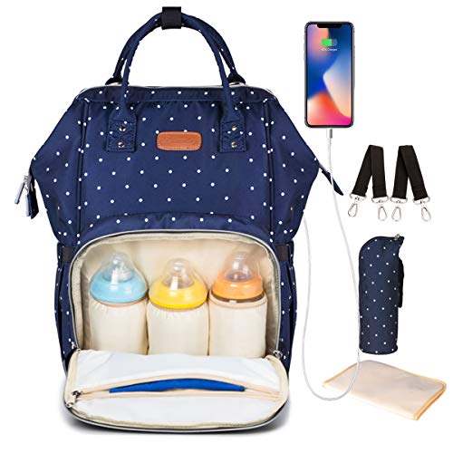 Pañal Bolso Mochila, DINOKA Gran Capacidad Mochila de Pañales Bolso de Viaje, Impermeable Bolsa de Pañales con Aislado Bolsillos para Cuidado de Bebé y Mamá-bluedot