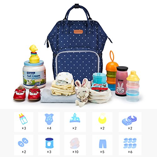 Pañal Bolso Mochila, DINOKA Gran Capacidad Mochila de Pañales Bolso de Viaje, Impermeable Bolsa de Pañales con Aislado Bolsillos para Cuidado de Bebé y Mamá-bluedot