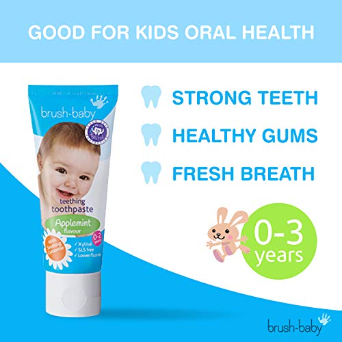 Pasta de dientes en dentición Brush-Baby para bebés y niños | Dentición | 0-2 años | Sabor a manzana, con camomila calmante. Xilitol y flúor para dientes fuertes, encías sanas y aliento fresco | 50 ml