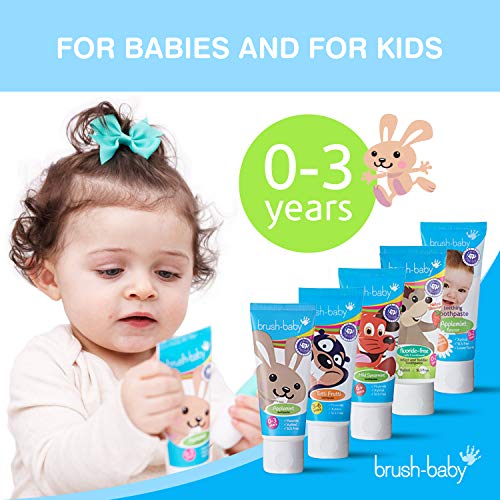 Pasta de dientes en dentición Brush-Baby para bebés y niños | Dentición | 0-2 años | Sabor a manzana, con camomila calmante. Xilitol y flúor para dientes fuertes, encías sanas y aliento fresco | 50 ml