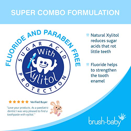 Pasta de dientes en dentición Brush-Baby para bebés y niños | Dentición | 0-2 años | Sabor a manzana, con camomila calmante. Xilitol y flúor para dientes fuertes, encías sanas y aliento fresco | 50 ml