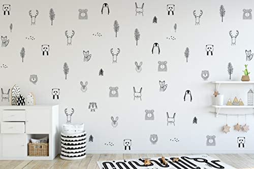 Pegatinas de pared de cuarto de bebé para habitación de bebé: Safari elegante, Animal del bosque, Árbol de vivero, Pegatinas de pared de selva para vivero de bebés. Vinilos infantiles