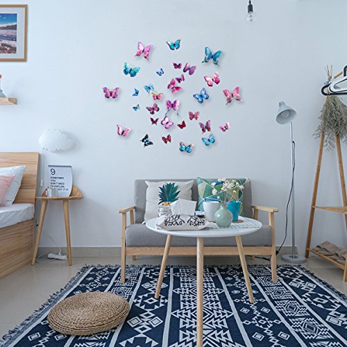 Pegatinas de pared de Mariposa,CUCKY 36 Piezas Capas dobles Alas 3D Decoración de Mariposas, Ideal para sala de Niños,Cocina Nevera Plantas de jardín Decoraciones de fiesta-Rosa,Azul,Púrpura