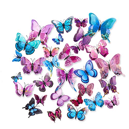 Pegatinas de pared de Mariposa,CUCKY 36 Piezas Capas dobles Alas 3D Decoración de Mariposas, Ideal para sala de Niños,Cocina Nevera Plantas de jardín Decoraciones de fiesta-Rosa,Azul,Púrpura