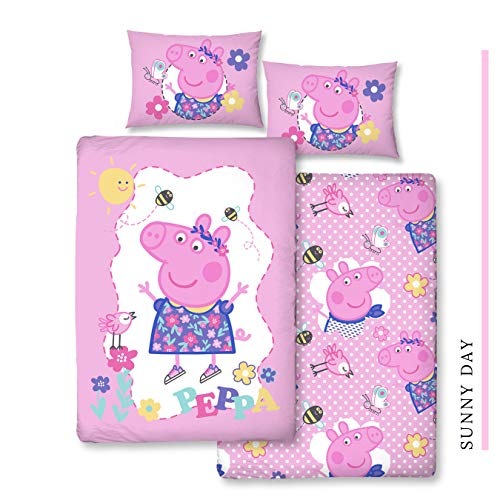 Peppa Pig niña de cama · cama infantil/bebé · Morado, Rosa, Rosa · Peppa Pig Sunny Day · Reversible cama · almohada 40 x 60 + Edredón de 100 x 135 cm – Cremallera – 100% algodón