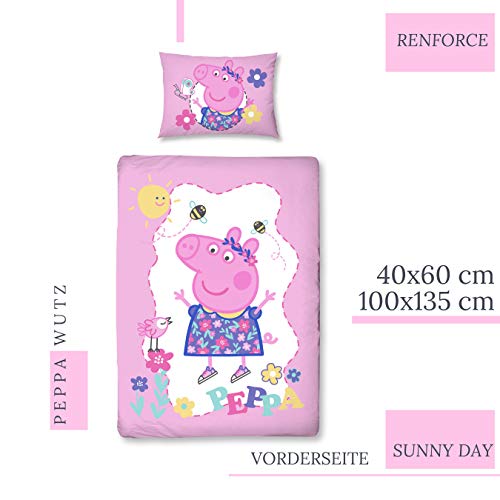 Peppa Pig niña de cama · cama infantil/bebé · Morado, Rosa, Rosa · Peppa Pig Sunny Day · Reversible cama · almohada 40 x 60 + Edredón de 100 x 135 cm – Cremallera – 100% algodón