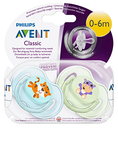 Philips Avent SCF169/25 - Set de 2 chupetes Gama Safari, de 0 a 6 meses, diseño tigre o hipopótamo, para niño