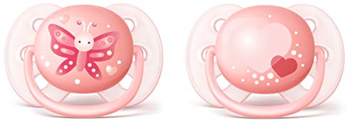 Philips Avent SCF223/20 - Pack de dos chupetes ultra suaves y flexibles, decorados, 0-6 meses, niña, color rosa durazno