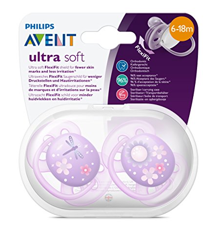 Philips Avent SCF227/22 - Pack de dos chupetes ultra suaves y flexibles, decorados, 6-18 meses, niña, color morado