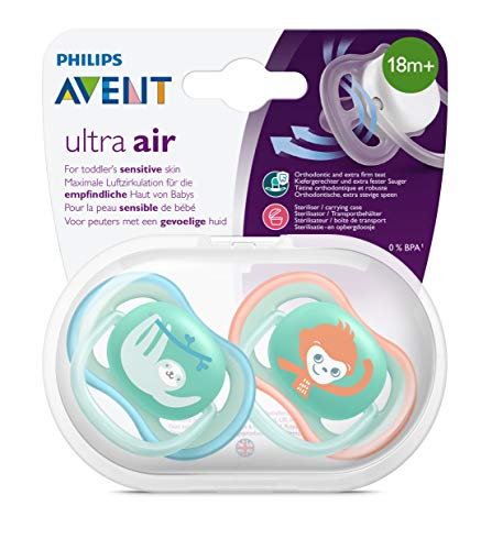 Philips Avent SCF349/21 - Pack de 2 chupetes Ultra Air, tetina extrafirme para 18m+, apta para la piel sensible, con estuche de esterilización, color verde y naranja