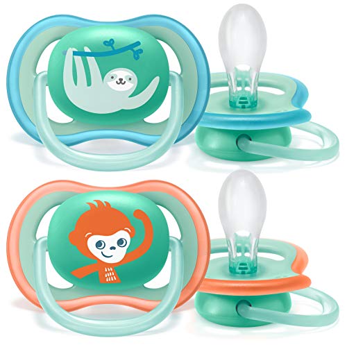 Philips Avent SCF349/21 - Pack de 2 chupetes Ultra Air, tetina extrafirme para 18m+, apta para la piel sensible, con estuche de esterilización, color verde y naranja