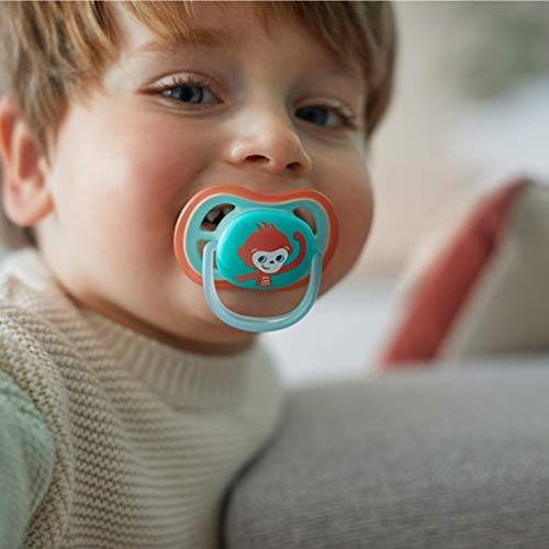 Philips Avent SCF349/21 - Pack de 2 chupetes Ultra Air, tetina extrafirme para 18m+, apta para la piel sensible, con estuche de esterilización, color verde y naranja