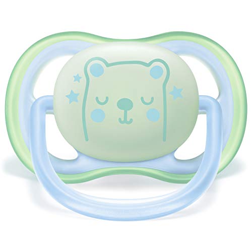 Philips Avent SCF376/11 - Pack de 2 chupetes Ultra Air Nocturno que brilla en la oscuridad, tetina suave para 0-6 m, apta para la piel sensible, con estuche de esterilización, color verde y azul