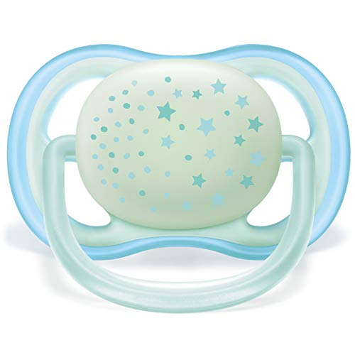 Philips Avent SCF376/11 - Pack de 2 chupetes Ultra Air Nocturno que brilla en la oscuridad, tetina suave para 0-6 m, apta para la piel sensible, con estuche de esterilización, color verde y azul