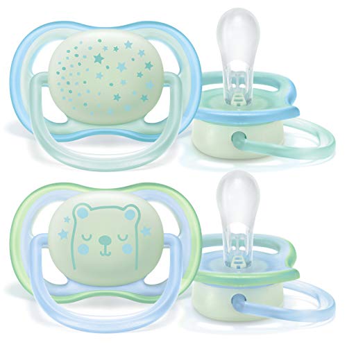 Philips Avent SCF376/11 - Pack de 2 chupetes Ultra Air Nocturno que brilla en la oscuridad, tetina suave para 0-6 m, apta para la piel sensible, con estuche de esterilización, color verde y azul