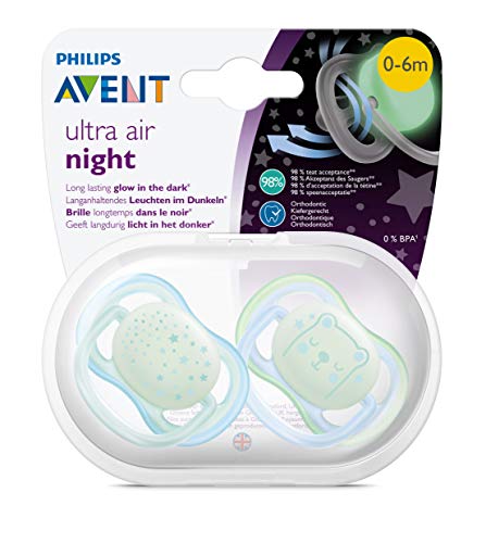 Philips Avent SCF376/11 - Pack de 2 chupetes Ultra Air Nocturno que brilla en la oscuridad, tetina suave para 0-6 m, apta para la piel sensible, con estuche de esterilización, color verde y azul