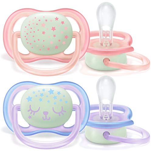 Philips Avent SCF376/12 - Pack de 2 chupetes Ultra Air Nocturno que brilla en la oscuridad, tetina suave para 0-6 m, apta para la piel sensible, con estuche de esterilización, color rosa y morado