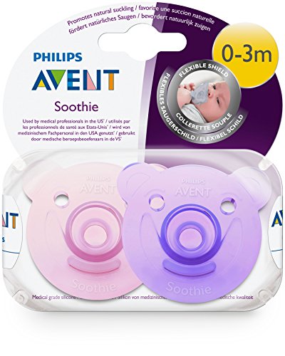 Philips Avent Soothie - Pack de 2 Chupetes calmantes de silicona médica, sin BPA, de 0 a 3 meses, niña, color morado y rosa