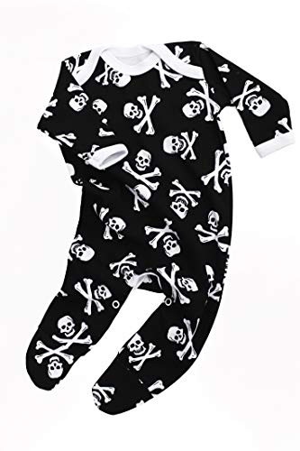 Pijama alternativo para bebé para niños o niñas | Mono pirata de calavera y huesos Jolly Roger - para baby shower, gótico ropa de bebé, o primer regalo Halloween | BABY MOO'S UK Talla:6-12 meses