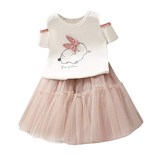 PinkLu Conejito De Manga Corta para NiñOs Sin Tirantes Falda Mullida Conjuntos De Dos Piezas De Bebé NiñA De Dibujos Animados Camiseta Tops Princesa Tul Vestido De Ropa (4~5 años/120~130cm, Blanco)