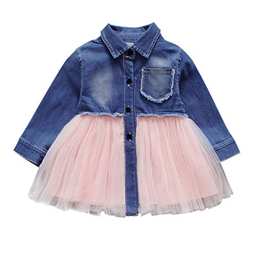 PinkLu NiñO Infantil Bebé NiñAs Denim Tutu Tul Princesa Vestidos Trajes Falda De Mezclilla De Costura De Manga Larga para NiñOs Falda con Malla Vestido De Princesa