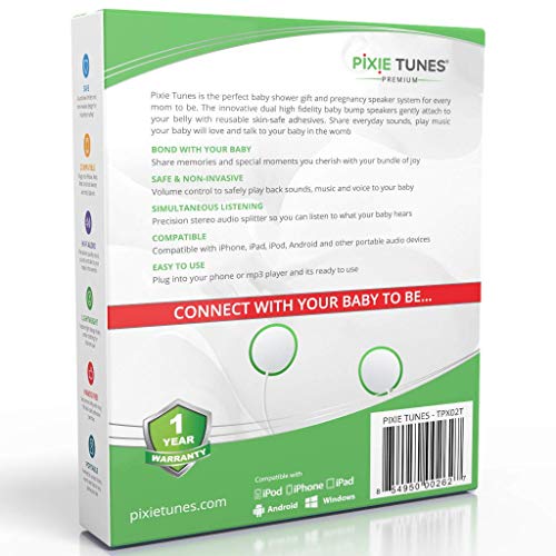 Pixie Tunes Sistema de bocinas Baby Bump para reproducir sonido, música y hablar con su bebé en el útero desde cualquier teléfono móvil, tableta y dispositivo de audio portátil. Blanco