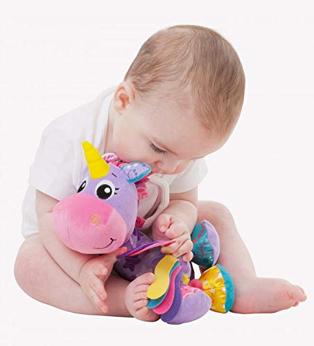 Playgro Peluche de Actividades Stella el Unicornio, Juguete para Colgar, Desde el nacimiento, Rosa/Violeta, 40183