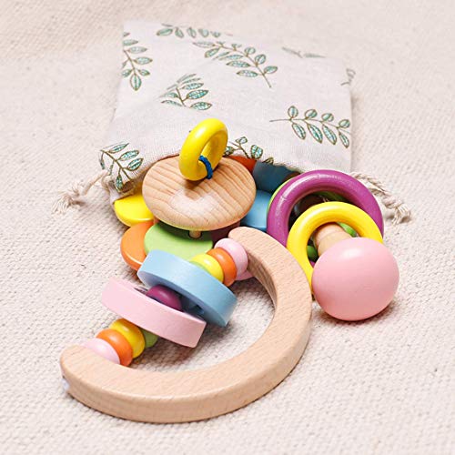 Promise Babe Juguetes Orgánicos de Madera para Niños Pequeños Sonajeros de Madera 4pc para Niños Campanas de Arcoiris Juguete Educativo Baby Ringer Montessori No Tóxico Regalo de la Ducha