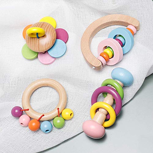 Promise Babe Juguetes Orgánicos de Madera para Niños Pequeños Sonajeros de Madera 4pc para Niños Campanas de Arcoiris Juguete Educativo Baby Ringer Montessori No Tóxico Regalo de la Ducha