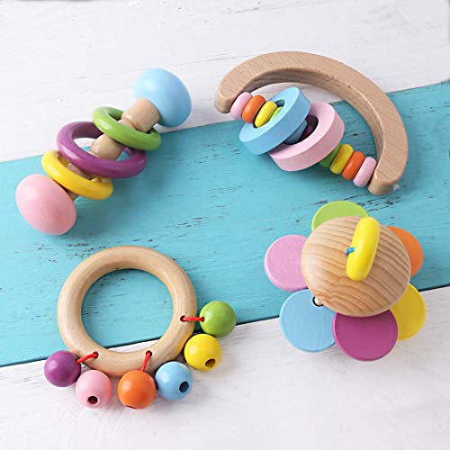 Promise Babe Juguetes Orgánicos de Madera para Niños Pequeños Sonajeros de Madera 4pc para Niños Campanas de Arcoiris Juguete Educativo Baby Ringer Montessori No Tóxico Regalo de la Ducha