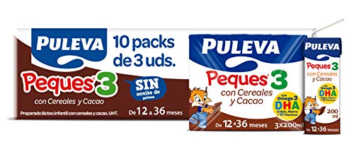 Puleva Peques Leche De Crecimiento Tipo 3 con Cacao y Cereales -  10 packs de 3 minibriks de 200 ml