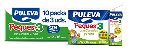 Puleva Peques Leche De Crecimiento Tipo 3 con Frutas y Cereales -  10 packs de 3 minibriks de 200 ml