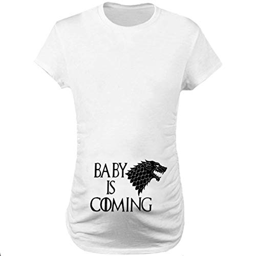 Q.KIM Mujer Camiseta de Maternidad Elasticidad Suave Embarazada Premamá T-Shirt-Baby is Coming, Blanco