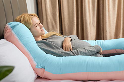 QUEEN ROSE Almohada para el Embarazo, Almohada de Cuerpo Completo para Mujeres Embarazadas, Almohada de Maternidad en Forma de U con Cremallera Funda de Algodón Extraíble (Azul-Rosa)