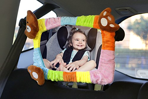 Rainbow coche bebé Espejo. Bebé Asiento Trasero Retrovisor Coche Espejo, pata de forma rectangular con marco de oso de peluche cabeza de terciopelo suave y grande. 100% inastillable, montado.