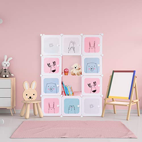 Relaxdays Estantería Infantil, para niñas, Plástico, Modular, con Puertas, 145x110x37,5 cm, Rosa