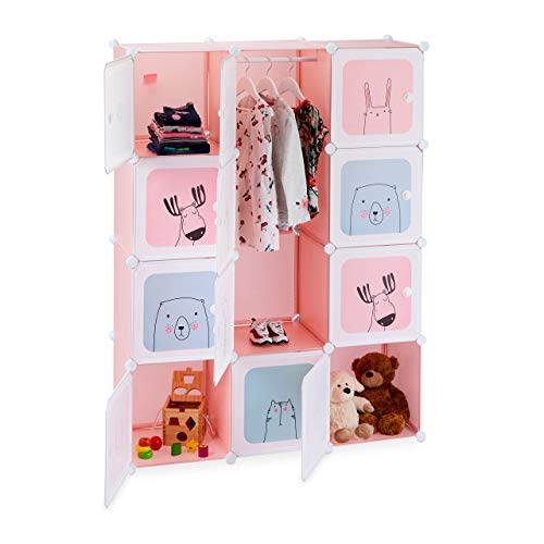 Relaxdays Estantería Infantil, para niñas, Plástico, Modular, con Puertas, 145x110x37,5 cm, Rosa