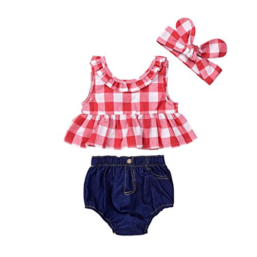 Ropa bebé niña de Verano Camiseta con Falda a Cuadros de niña bebé Tops + Pantalones Cortos de Mezclilla Conjunto de Ropa 0-3 Años (Rojo, Tamaño:18-24Mes)