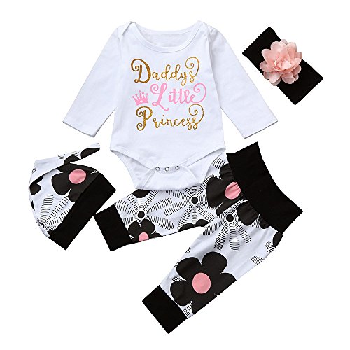 Ropa Bebe Niña Otoño Invierno Fossen Recién Nacido Niña Peleles Monos de Manga Larga + Floral Pantalones + Sombrero + Venda de Pelo,0-18 Meses Bebé Ropa (0-3 Meses, Negro)