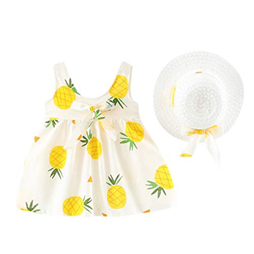 Ropa Bebe Niña Verano Fossen - Conjuntos de Dos Piezas Princesa Vestido sin Mangas con Estampado de Piña + Sombrero de Paja para Recien Nacido 0 a 24 Meses