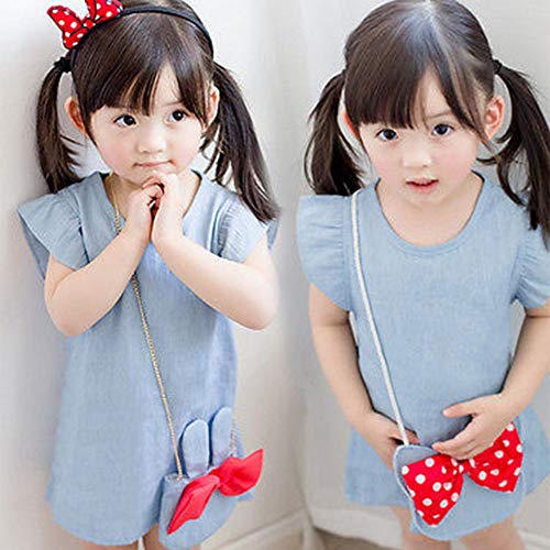 Ropa Bebe NiñA Verano Ropa De Los NiñOs PequeñOs NiñAs Vestido De Dibujos Animados Bolsa Arco Azul Oscuro con Volantes Casual Vaquero NiñA Vaquero Volando Bolso